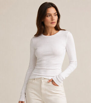 Buck Mason Women White Ribbed Long Sleeve Crew Neck Top Sz XL Stretch Minimalist
